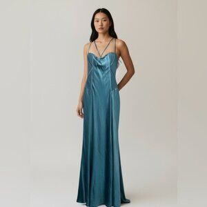 The Danes New York Mermaid Corset Gown Women 8 Blue 100% Silk Evening Prom Party
